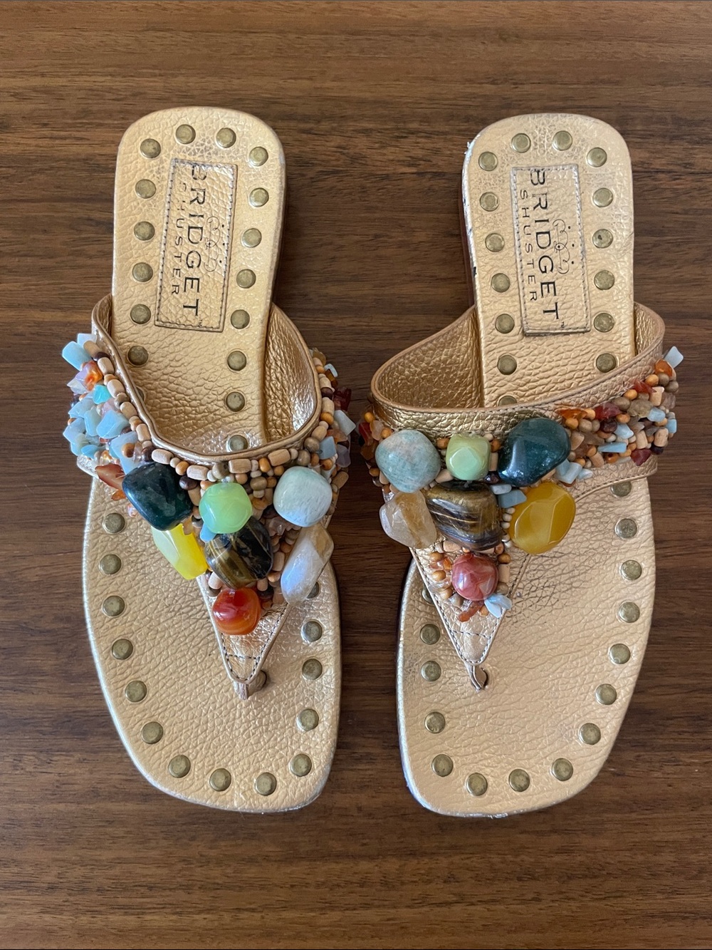 Bridget Shuster Gold Stud & Polished Stone Sandals Size 7